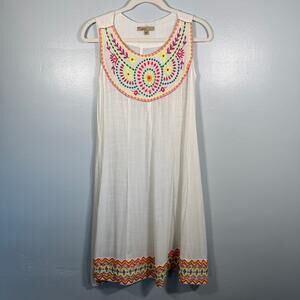 Global Desi Boho Neon Embroidered White Shift Dress XXL Made in India